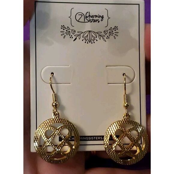 Gold Plated Brass Dangle Earrings Puffy Round Textured Open Work Design New - Picture 3 of 7